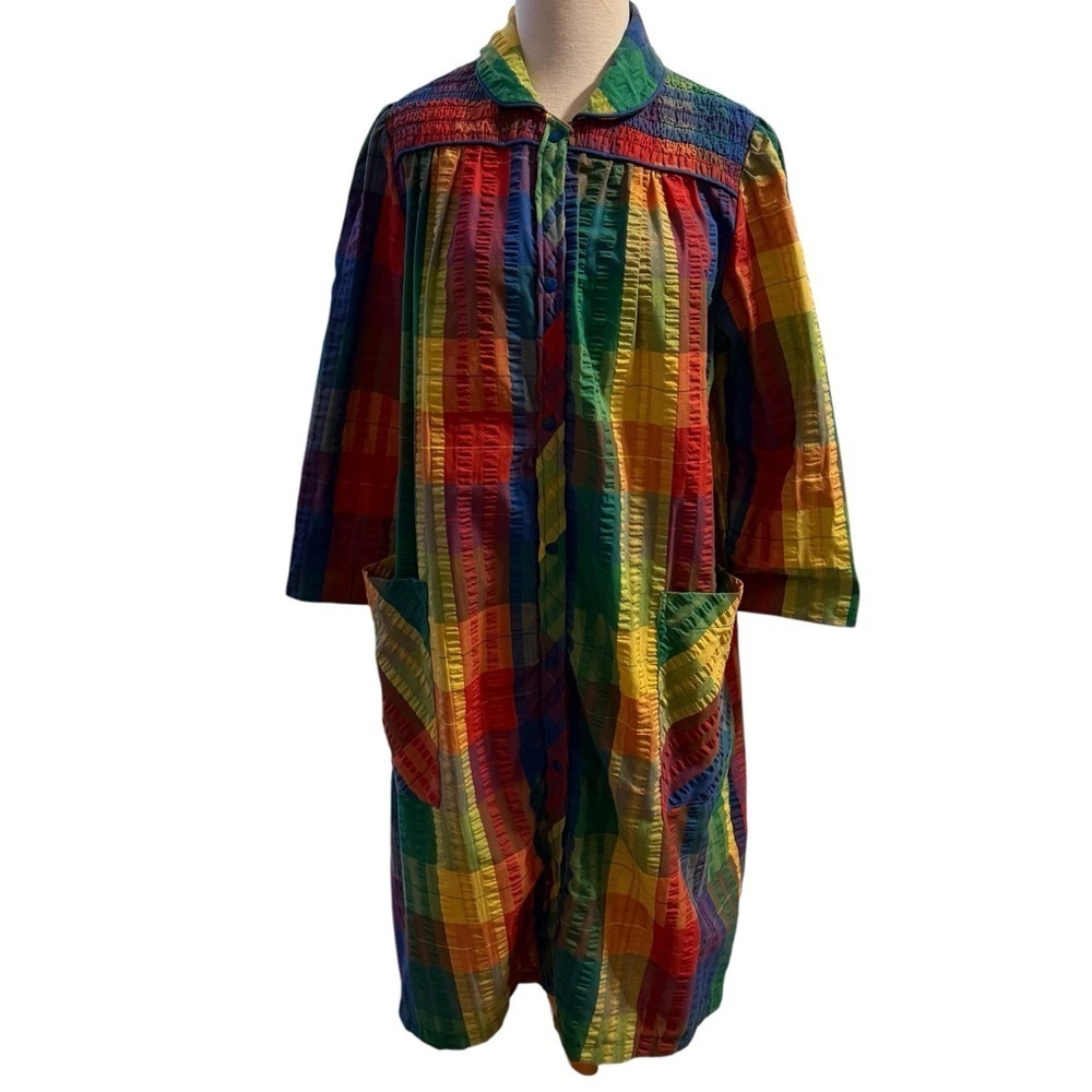 Vintage Coffee Coats Styled by Saybury Rainbow Seersucker House Coat Size Small